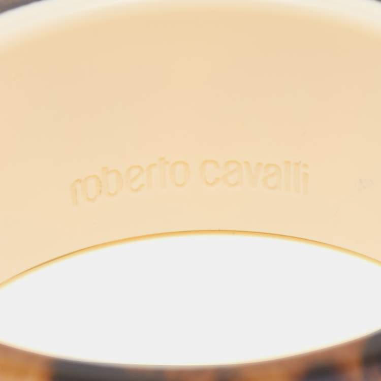 Pre Owned Roberto Cavalli Beige/Black Resin Leopard Print Wide Bangle Bracelet