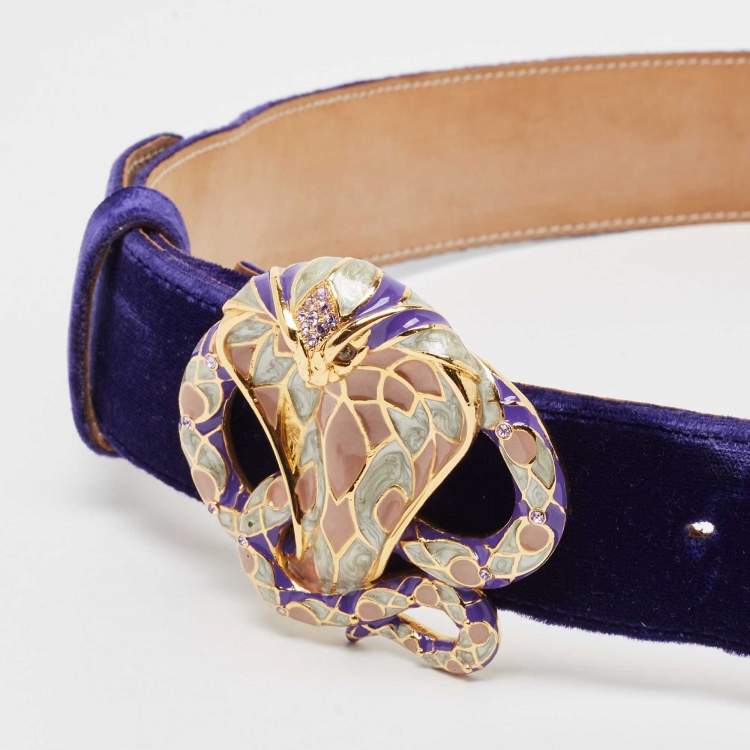 Pre Owned Roberto Cavalli Blue Velvet Snake Head Crystals Belt 85CM