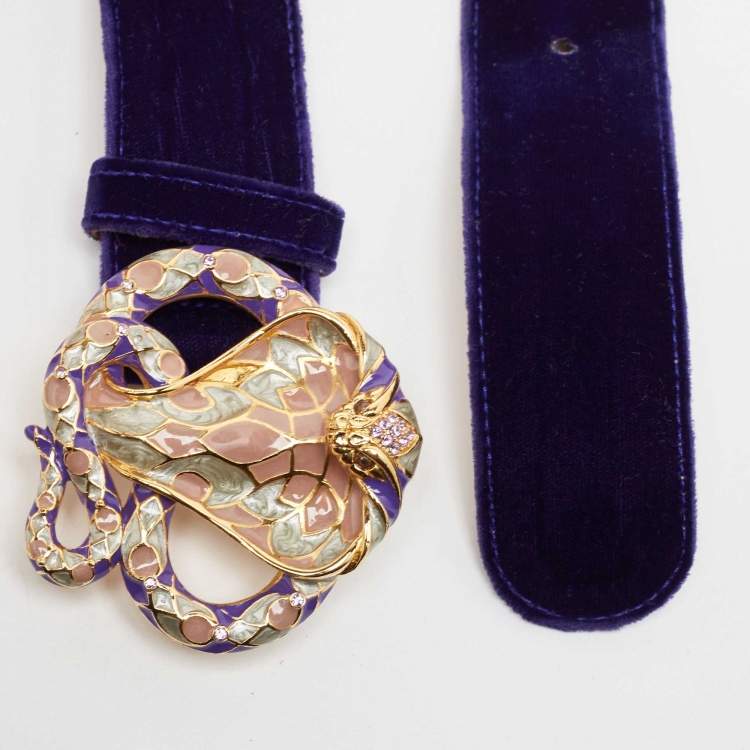 Pre Owned Roberto Cavalli Blue Velvet Snake Head Crystals Belt 85CM