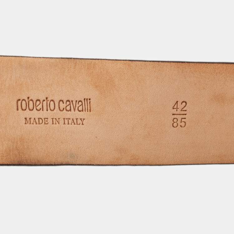 Pre Owned Roberto Cavalli Black Croc Embossed Leather Logo Buckle Belt 85CM