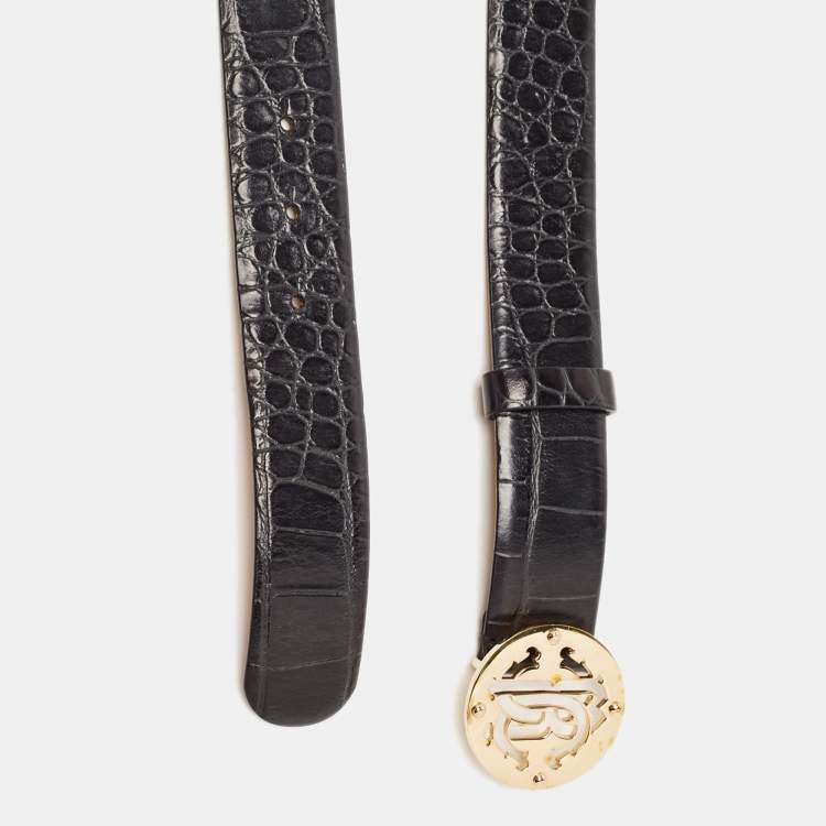Pre Owned Roberto Cavalli Black Croc Embossed Leather Logo Buckle Belt 85CM
