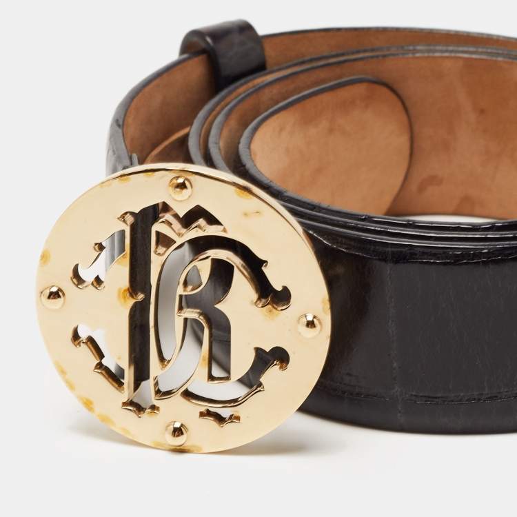 Pre Owned Roberto Cavalli Black Croc Embossed Leather Logo Buckle Belt 85CM