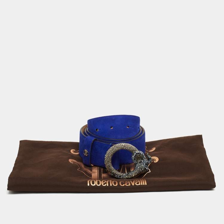 Pre Owned Roberto Cavalli Blue Suede Crystal Embellished Serpent Buckle Belt 95CM