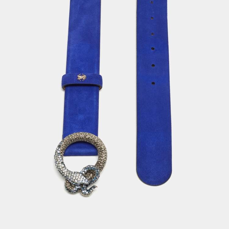 Pre Owned Roberto Cavalli Blue Suede Crystal Embellished Serpent Buckle Belt 95CM