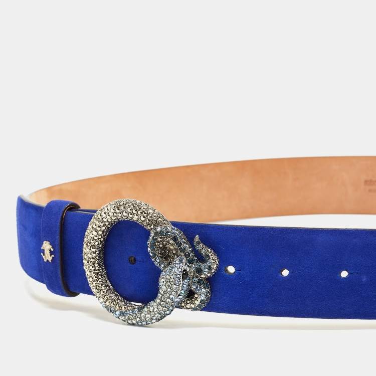 Pre Owned Roberto Cavalli Blue Suede Crystal Embellished Serpent Buckle Belt 95CM