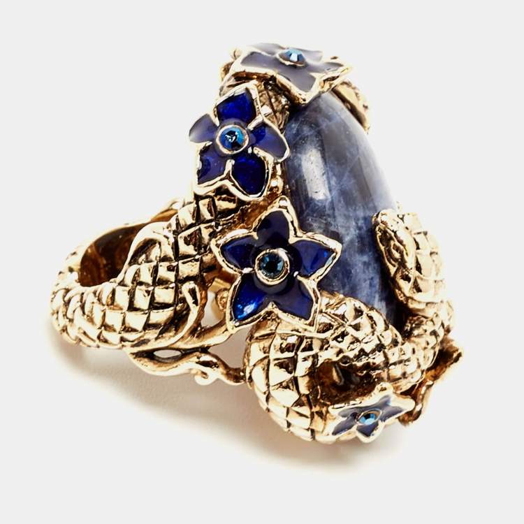 Pre Owned Roberto Cavalli Enamel Crystal Gold Tone Serpenti Ring Size 52 