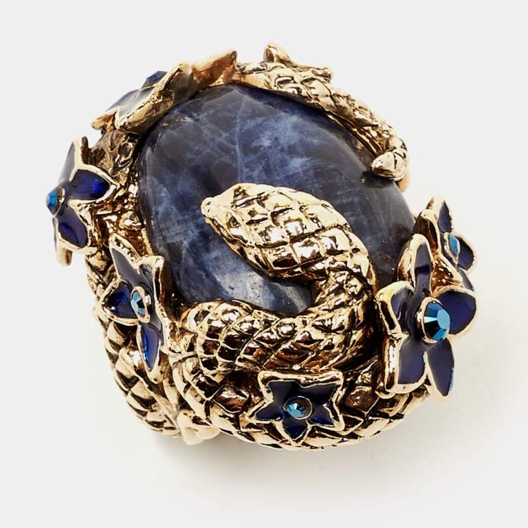 Pre Owned Roberto Cavalli Enamel Crystal Gold Tone Serpenti Ring Size 52 