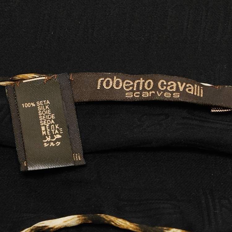 Pre Owned Roberto Cavalli Black Logo Patterned Silk Scarf 