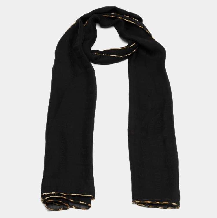 Pre Owned Roberto Cavalli Black Logo Patterned Silk Scarf 