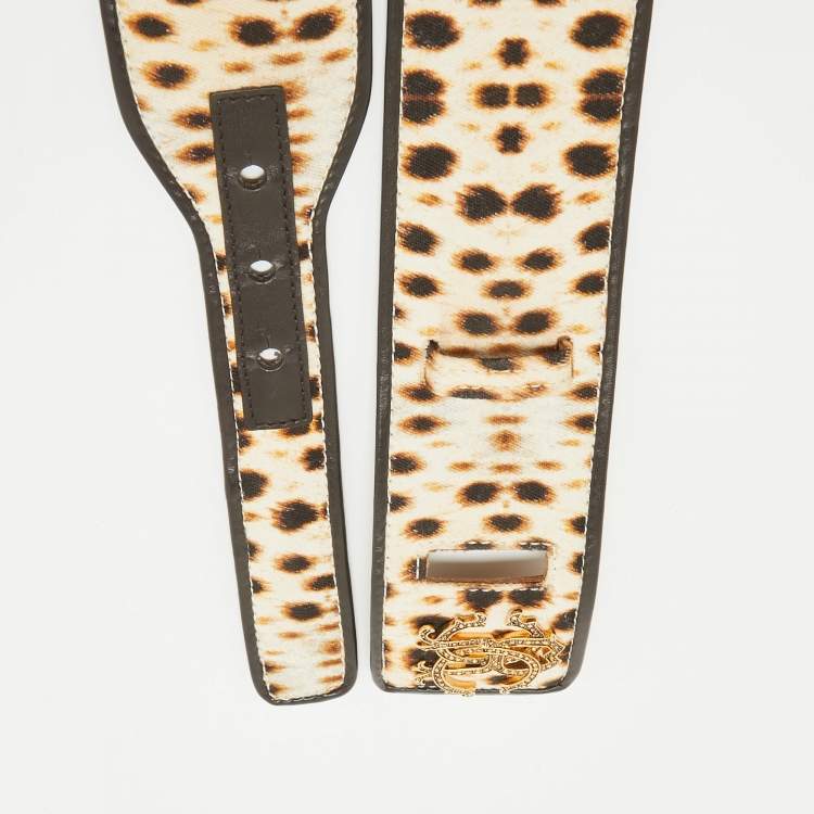 Pre Owned Roberto Cavalli Beige Leaopard Print Canvas RC Logo Waist Belt 95CM