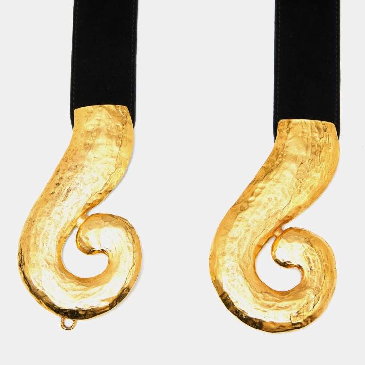 Pre Owned Roberto Cavalli Black Suede Swoop Metal Waist Belt