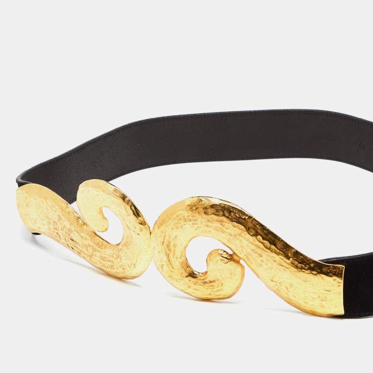 Pre Owned Roberto Cavalli Black Suede Swoop Metal Waist Belt