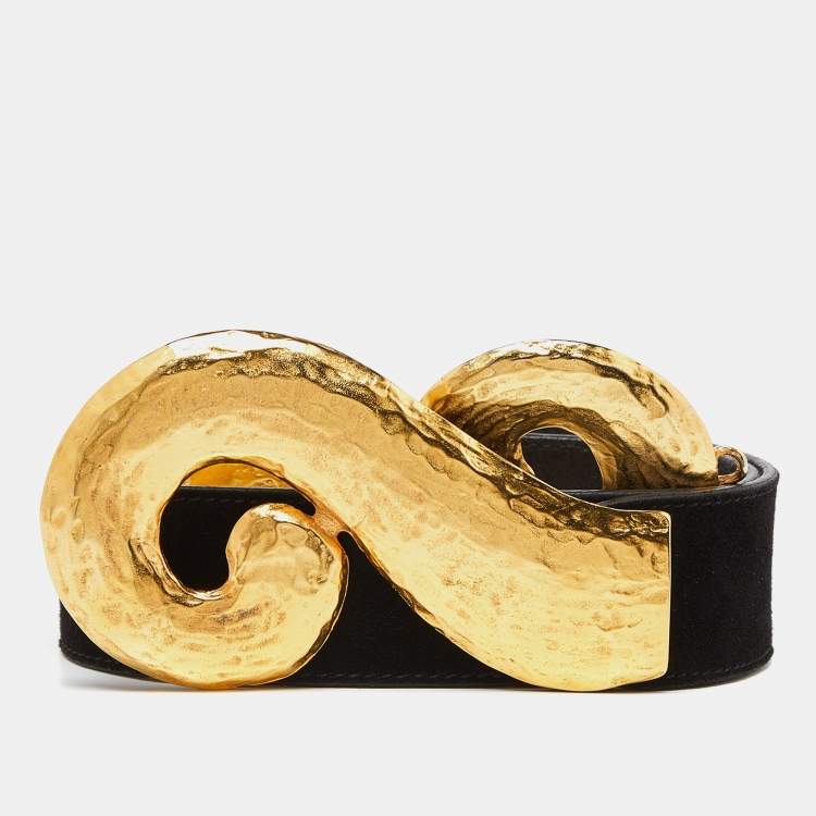 Pre Owned Roberto Cavalli Black Suede Swoop Metal Waist Belt
