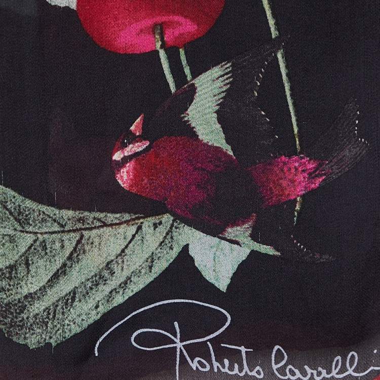 Pre Owned Roberto Cavalli Black Bird Cherry Print Silk Stole