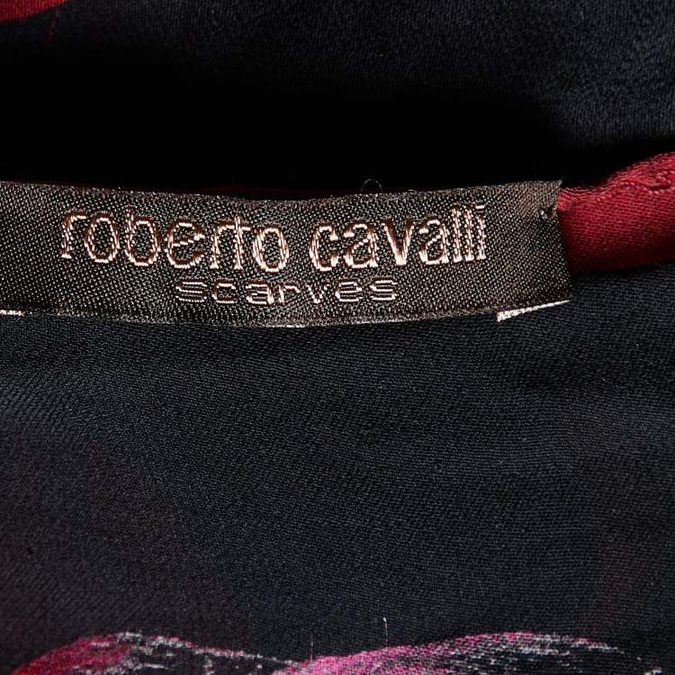 Pre Owned Roberto Cavalli Black Bird Cherry Print Silk Stole