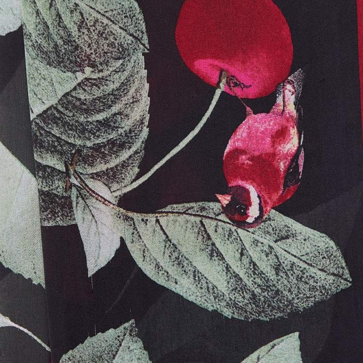 Pre Owned Roberto Cavalli Black Bird Cherry Print Silk Stole