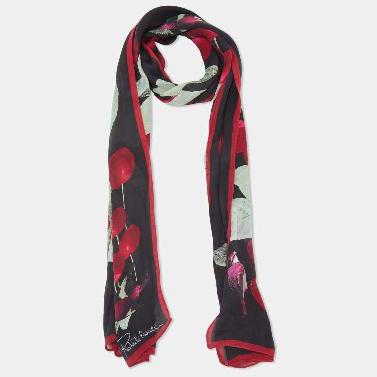 Pre Owned Roberto Cavalli Black Bird Cherry Print Silk Stole