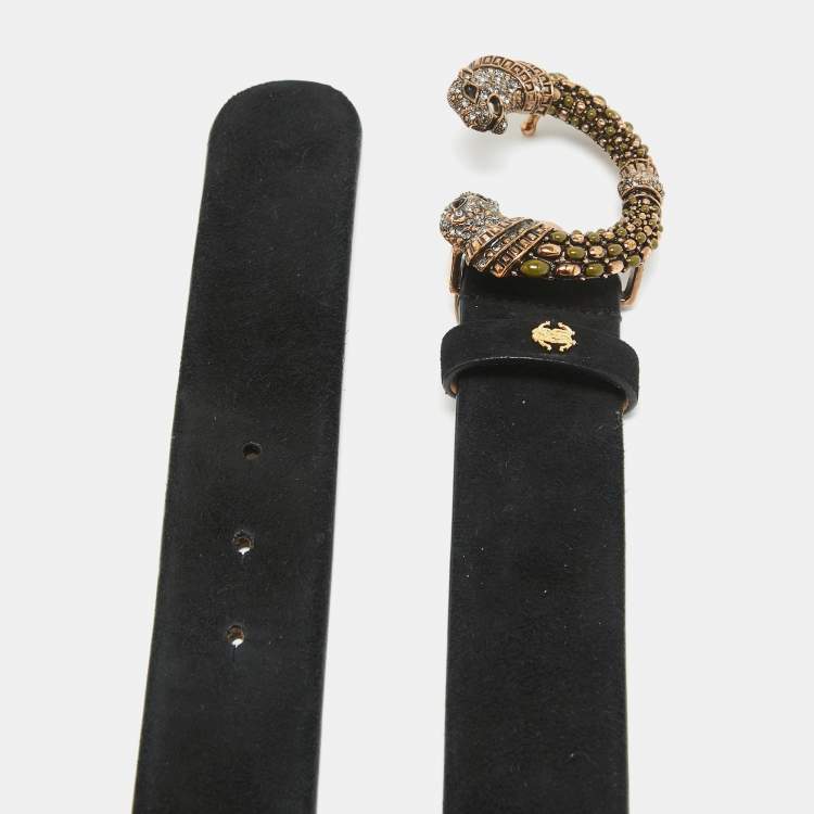 Pre Owned Roberto Cavalli Black Suede Crystal Embellished Panther Head Buckle Belt 85CM