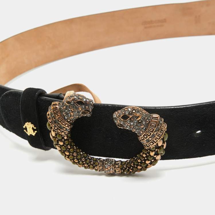 Pre Owned Roberto Cavalli Black Suede Crystal Embellished Panther Head Buckle Belt 85CM