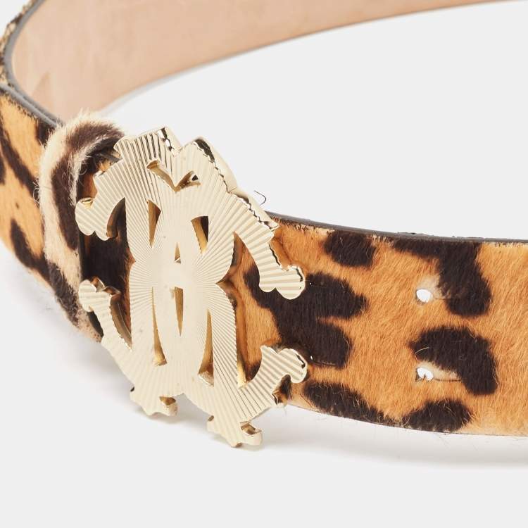Pre Owned Roberto Cavalli Beige Leopard Print Calfhair RC Logo Belt 80CM
