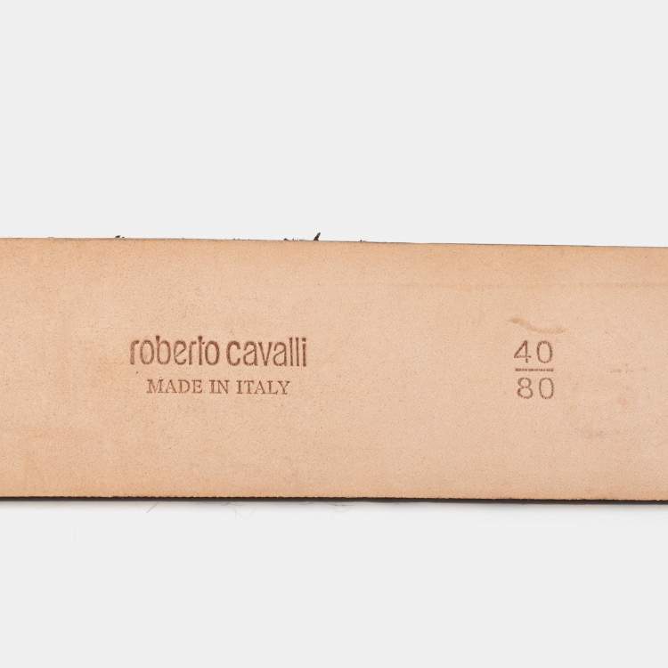 Pre Owned Roberto Cavalli Beige Leopard Print Calfhair RC Logo Belt 80CM