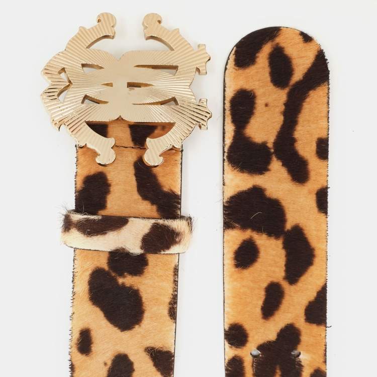 Pre Owned Roberto Cavalli Beige Leopard Print Calfhair RC Logo Belt 80CM