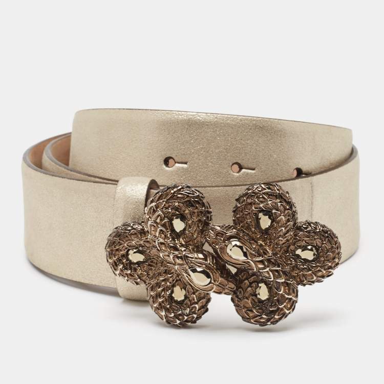 Pre Owned Roberto Cavalli Gold Nubuck Leather Crystals Embellished Snake Buckle Belt 85CM