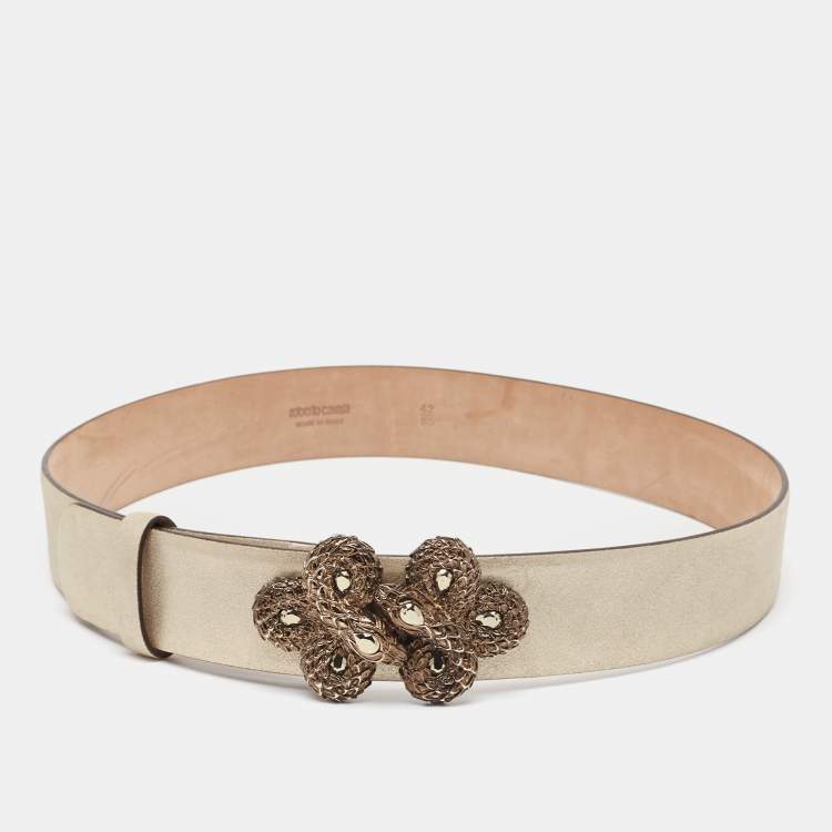 Pre Owned Roberto Cavalli Gold Nubuck Leather Crystals Embellished Snake Buckle Belt 85CM