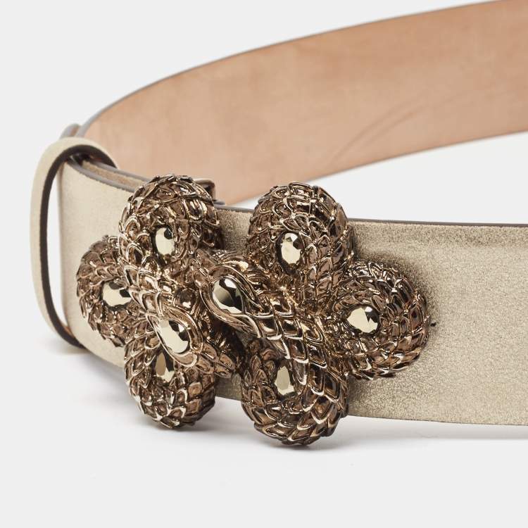 Pre Owned Roberto Cavalli Gold Nubuck Leather Crystals Embellished Snake Buckle Belt 85CM