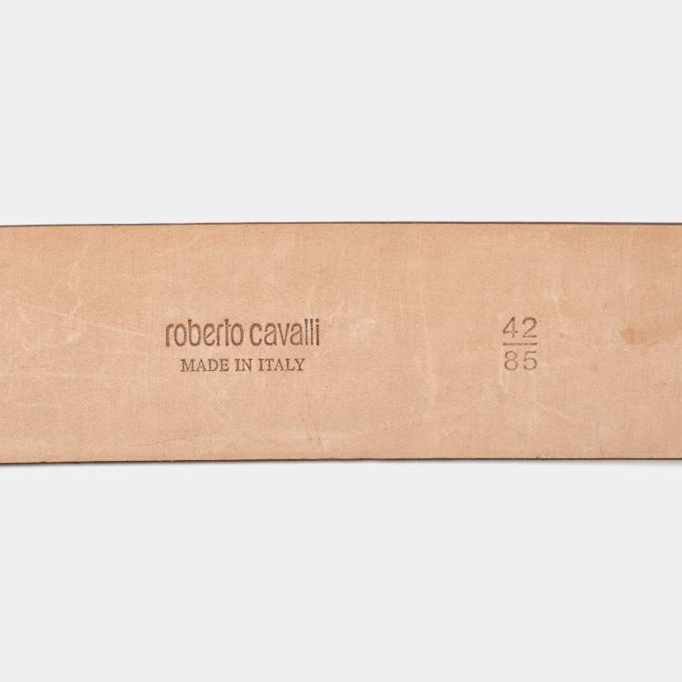 Pre Owned Roberto Cavalli Gold Nubuck Leather Crystals Embellished Snake Buckle Belt 85CM