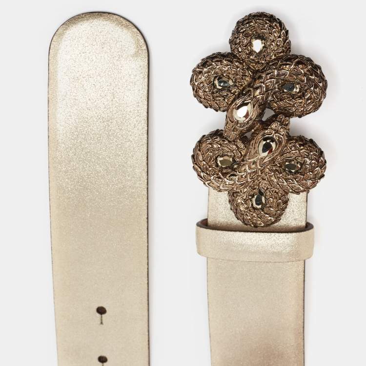 Pre Owned Roberto Cavalli Gold Nubuck Leather Crystals Embellished Snake Buckle Belt 85CM