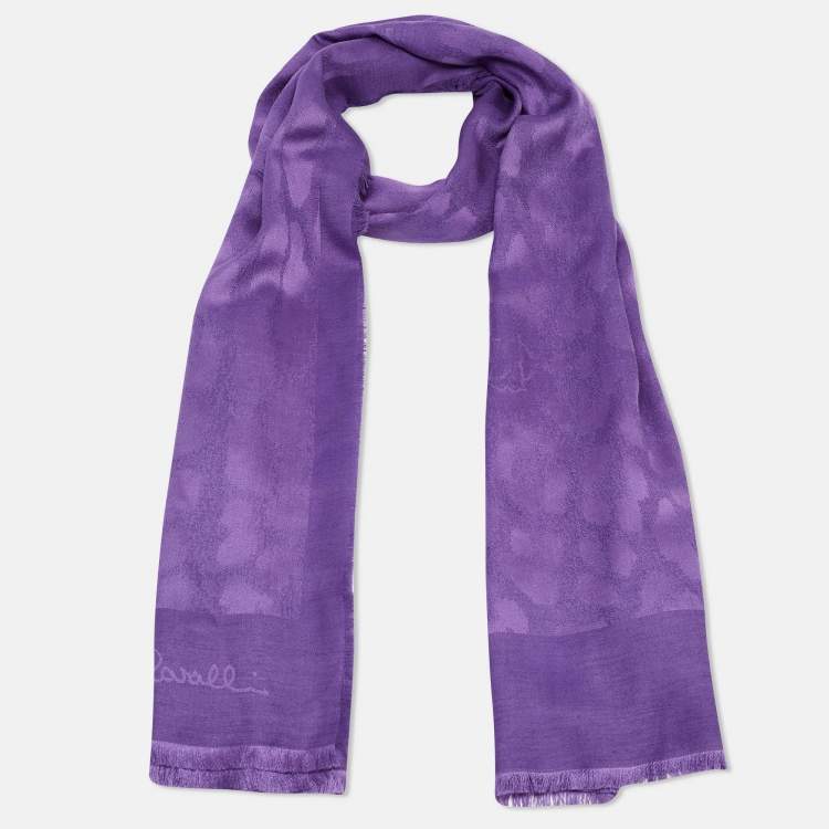 Pre Owned Roberto Cavalli Purple Leopard skin Patterned Wool and Silk Scarf