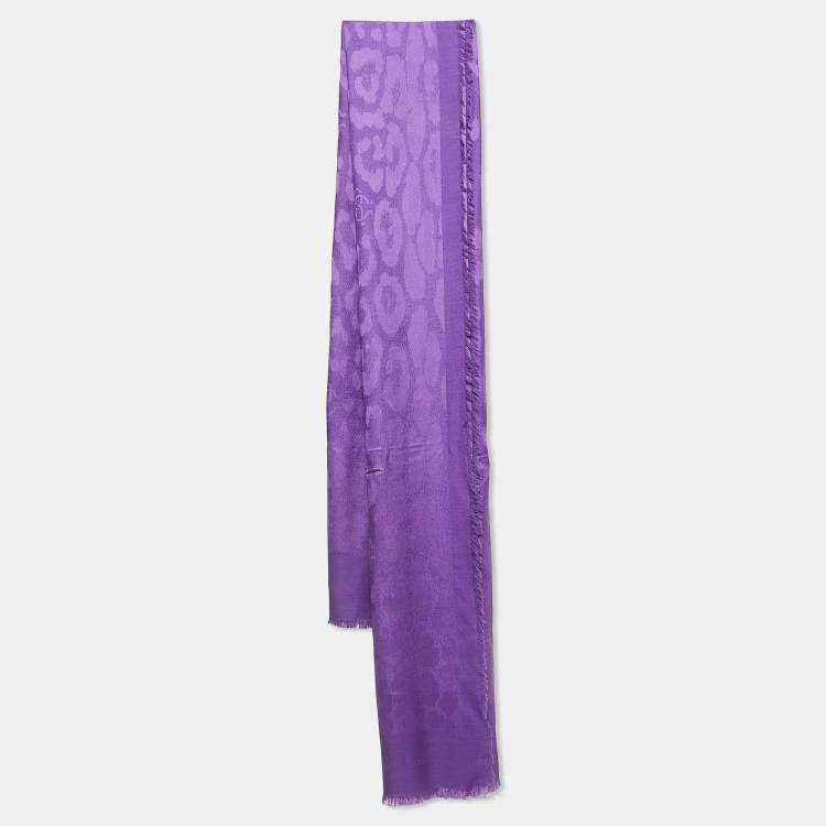 Pre Owned Roberto Cavalli Purple Leopard skin Patterned Wool and Silk Scarf
