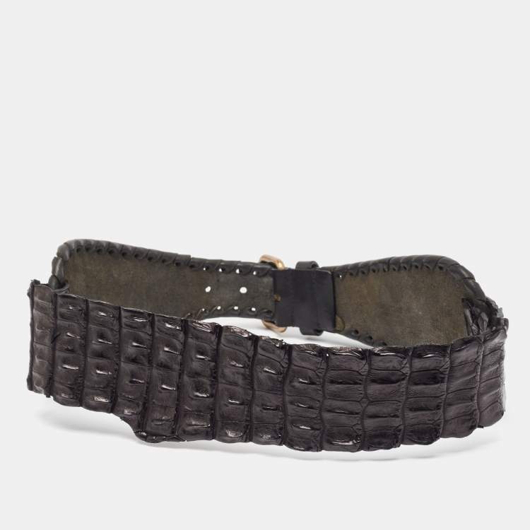 Pre Owned Roberto Cavalli Black Crocodile Wide Buckle Belt 80CM