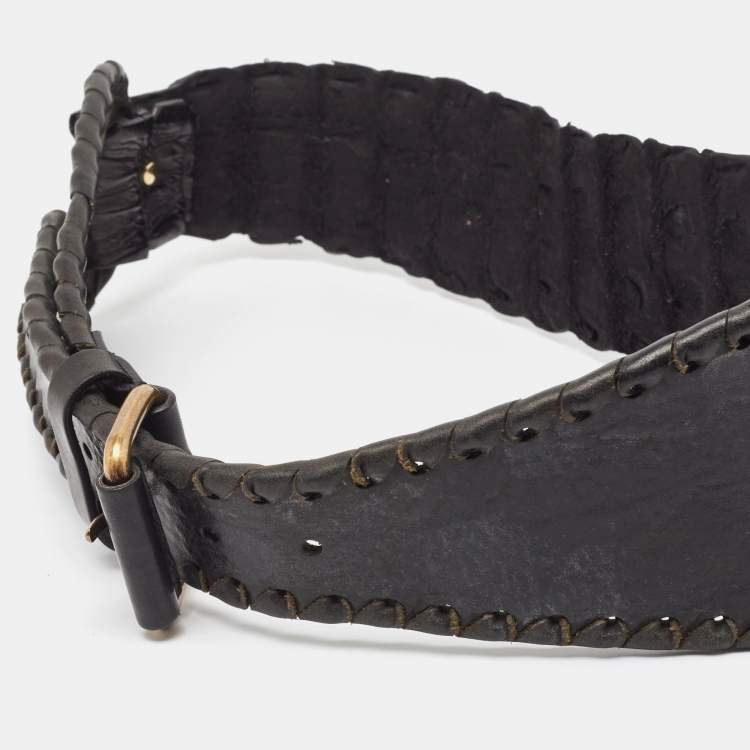 Pre Owned Roberto Cavalli Black Crocodile Wide Buckle Belt 80CM