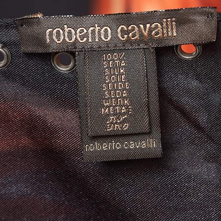 Pre Owned Roberto Cavalli Black Flames Print Silk Leather Fringed Scarf