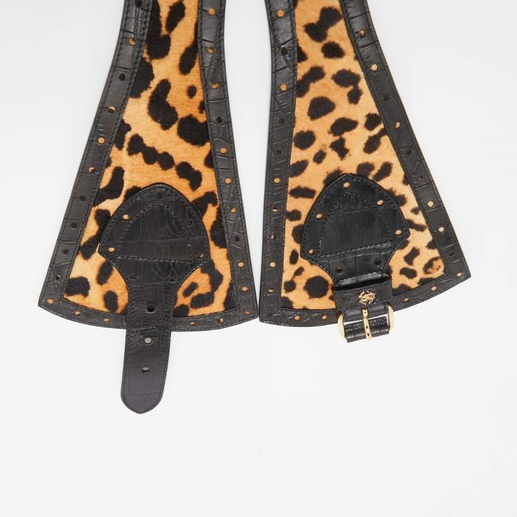 Pre Owned Roberto Cavalli Brown/Black Leopard Calfhair and Croc Embossed Leather Wide Buckle Belt 75CM