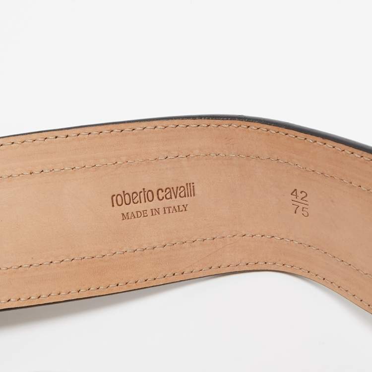 Pre Owned Roberto Cavalli Brown/Black Leopard Calfhair and Croc Embossed Leather Wide Buckle Belt 75CM
