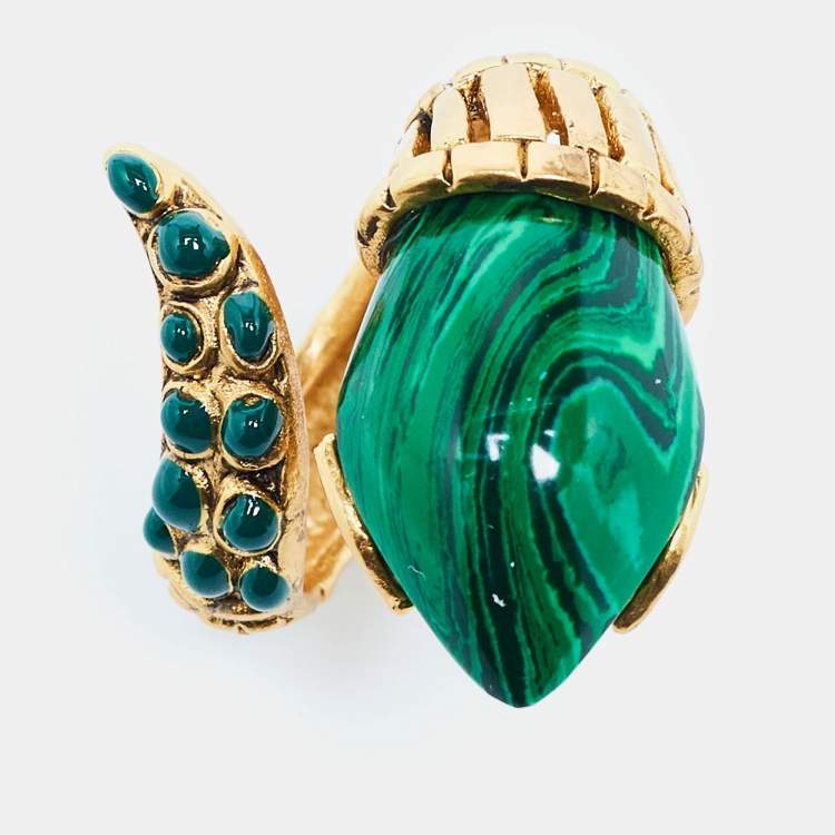 Pre Owned Roberto Cavalli Snake Composite Enamel Gold Tone Ring Size 54