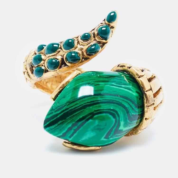 Pre Owned Roberto Cavalli Snake Composite Enamel Gold Tone Ring Size 54