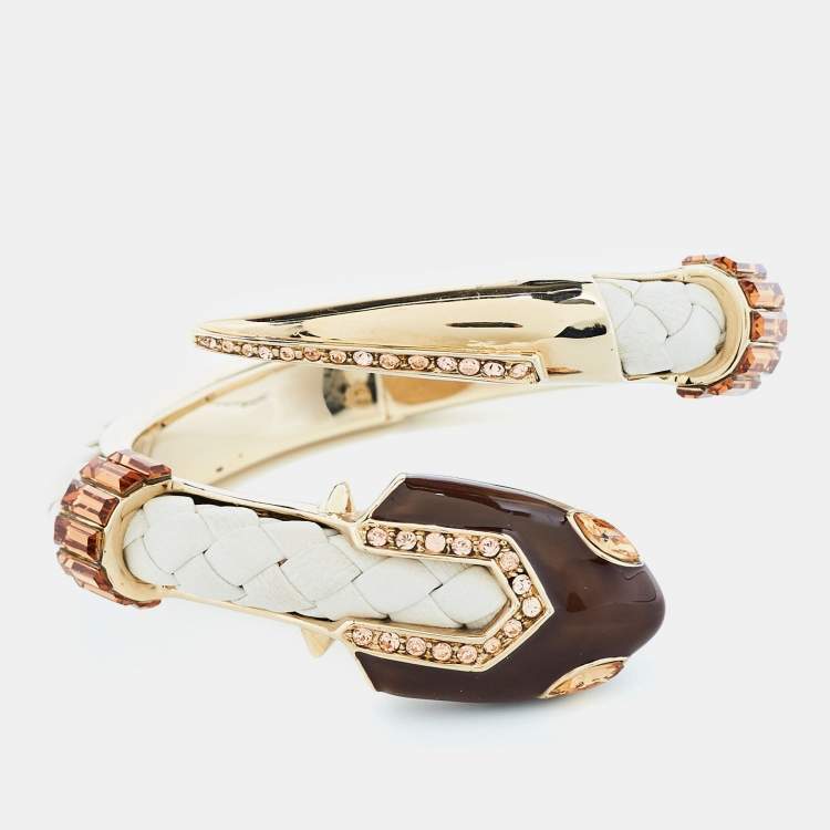 Pre Owned Roberto Cavalli Snake Resin Crystals Leather Gold Tone Bracelet 
