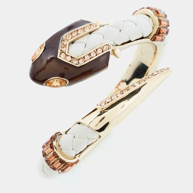 Pre Owned Roberto Cavalli Snake Resin Crystals Leather Gold Tone Bracelet 