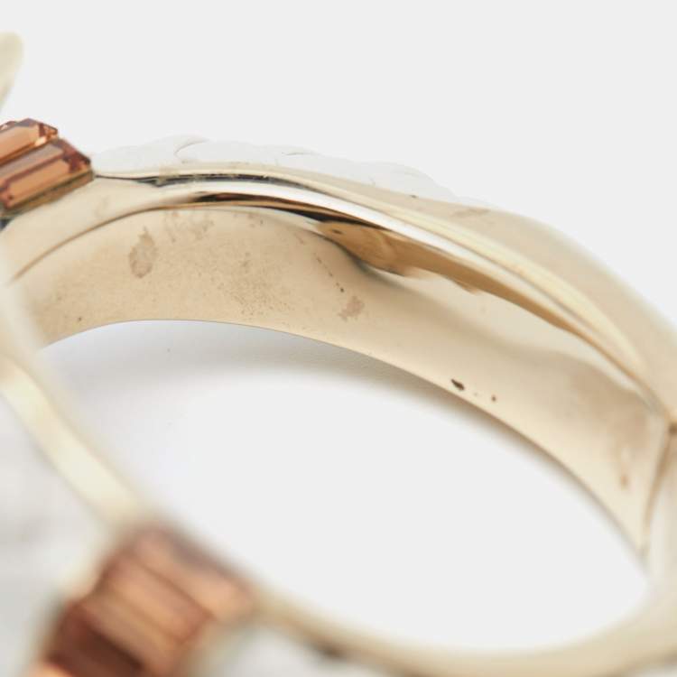 Pre Owned Roberto Cavalli Snake Resin Crystals Leather Gold Tone Bracelet 