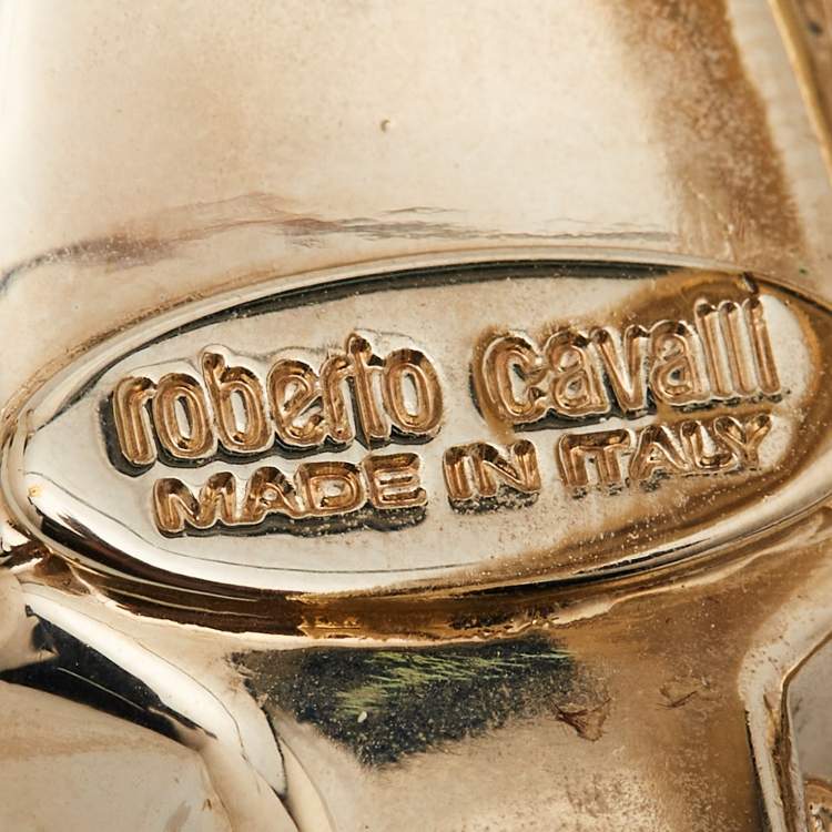 Pre Owned Roberto Cavalli Snake Resin Crystals Leather Gold Tone Bracelet 