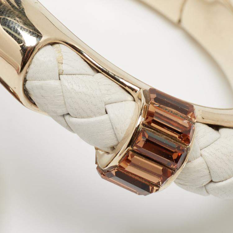Pre Owned Roberto Cavalli Snake Resin Crystals Leather Gold Tone Bracelet 