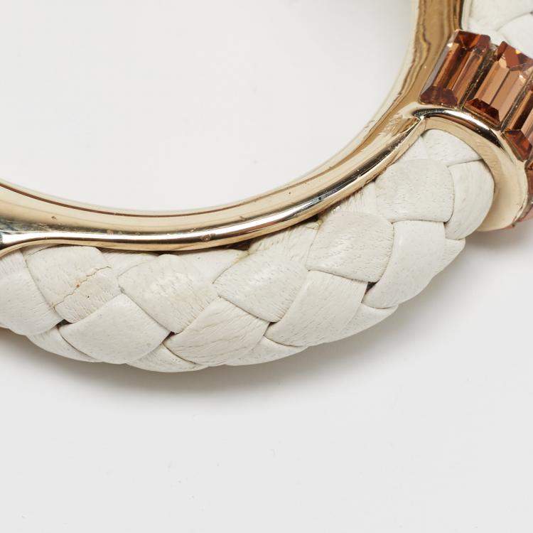 Pre Owned Roberto Cavalli Snake Resin Crystals Leather Gold Tone Bracelet 