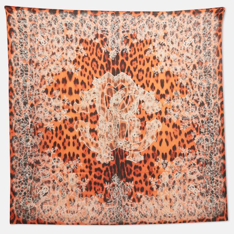 Pre Owned Roberto Cavalli Orange Animal and Floral Lace Print Silk Scarf