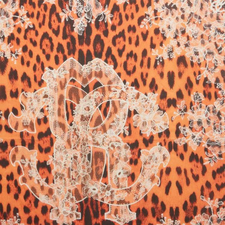 Pre Owned Roberto Cavalli Orange Animal and Floral Lace Print Silk Scarf