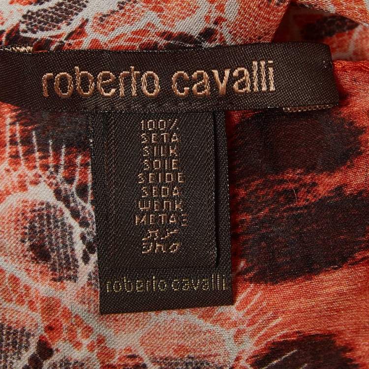 Pre Owned Roberto Cavalli Orange Animal and Floral Lace Print Silk Scarf
