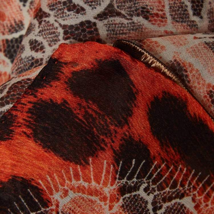 Pre Owned Roberto Cavalli Orange Animal and Floral Lace Print Silk Scarf